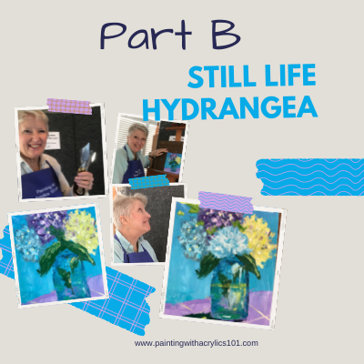 Paint hydrangeas and a blue glass jar